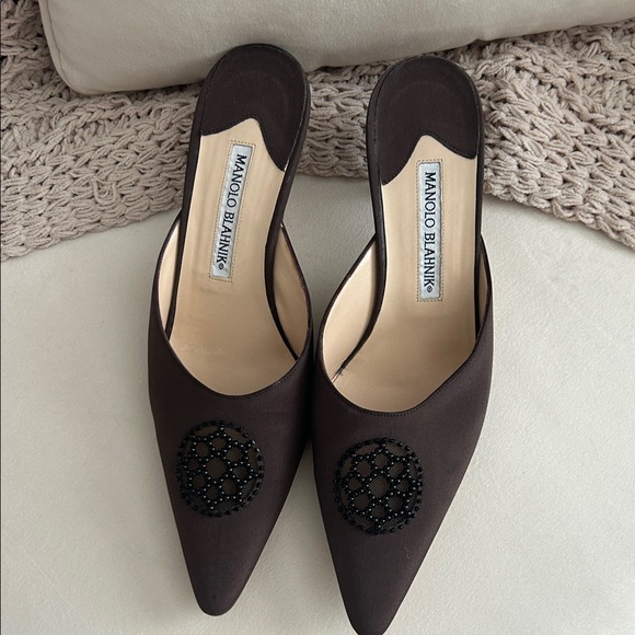 Manolo Blahnik Dark Brown Mules with Black Detailing - Picture 1 of 4